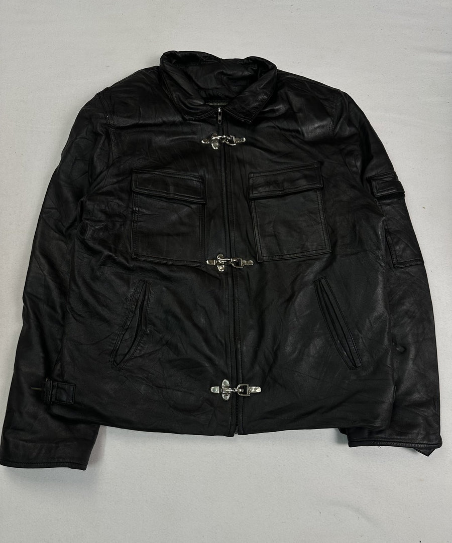 One of the five pockets set into the black leather field jacket