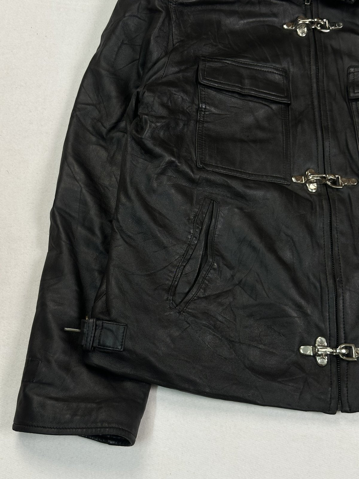 Black leather field jacket in size L with a five pocket layout