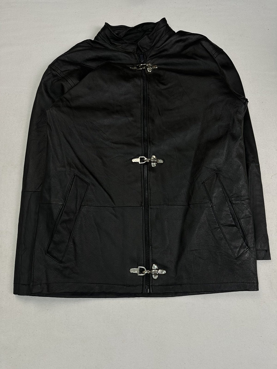 Black leather vintage jacket in size L shown from the front with its long cut and hook clasps