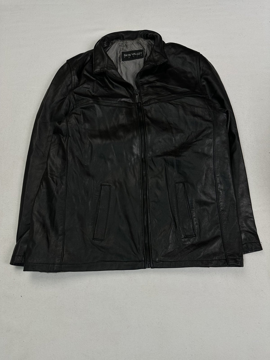 Black leather cafe racer jacket in size L with a fold-over collar