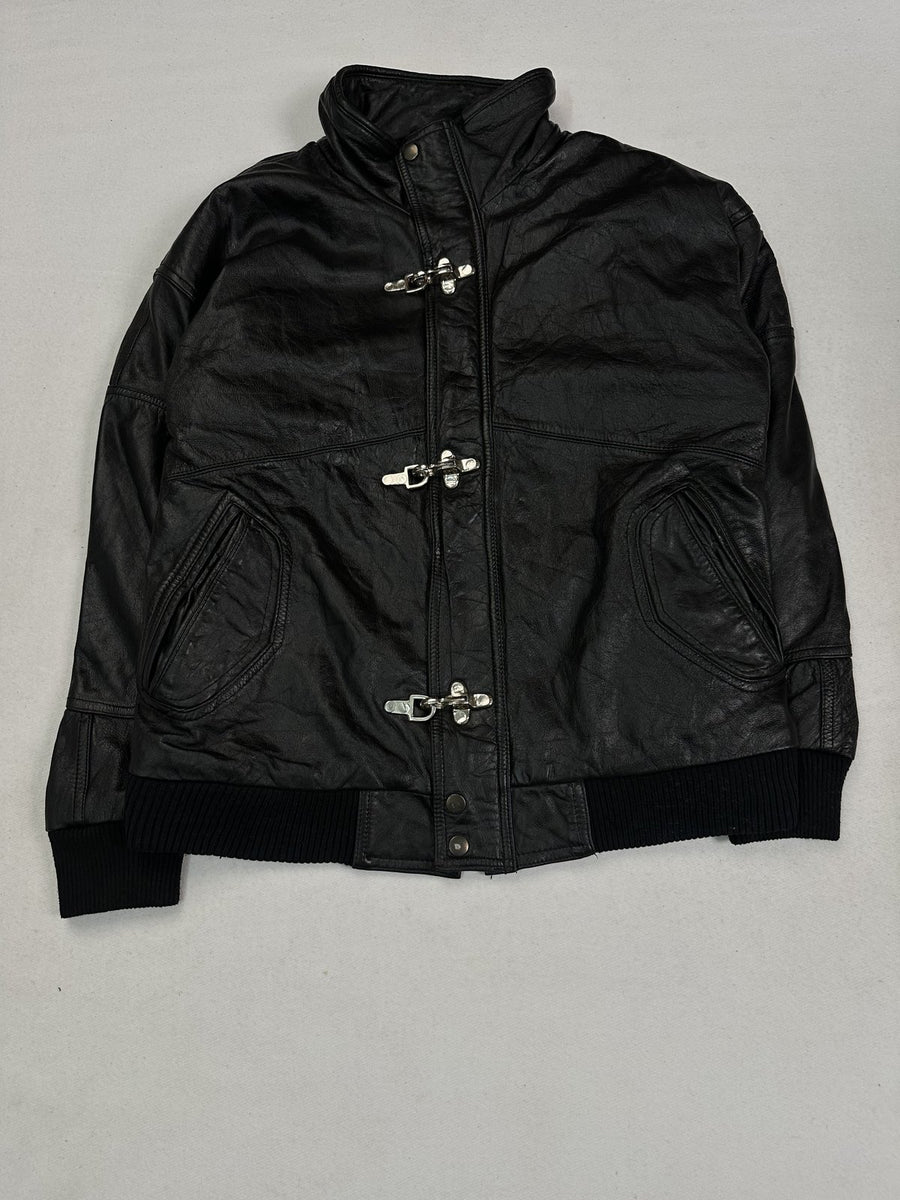 Black leather bomber jacket in size M with ribbed knit cuffs and hem