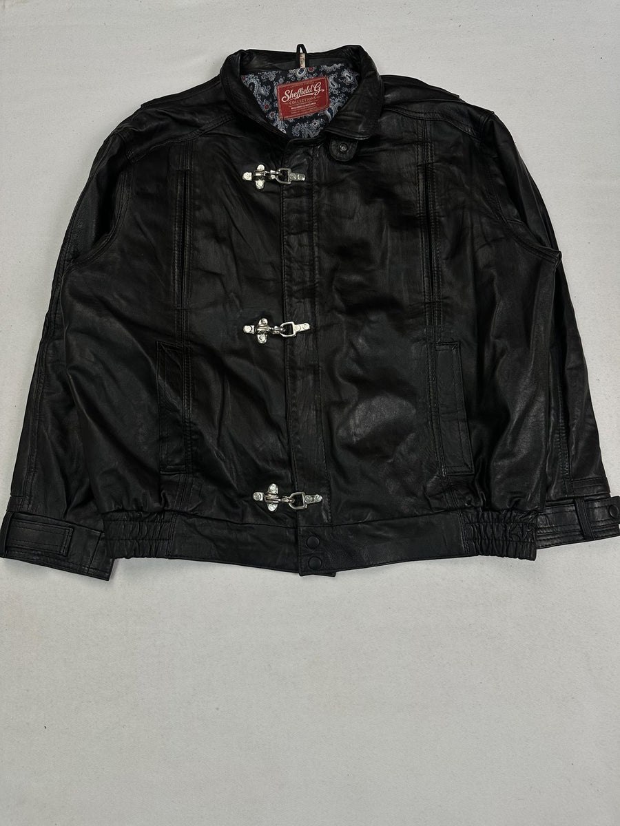 Black leather vintage jacket in size XXL shown from the front with three silver clasps