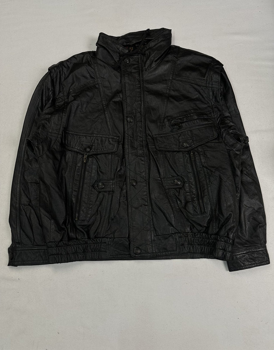 Black leather field jacket in size XL with four military style pockets