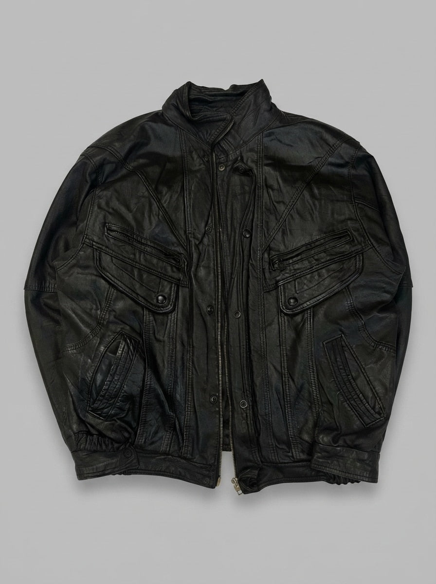 Black leather field jacket, size L, shown flat from the front. Two Large Flap Chest Pockets.