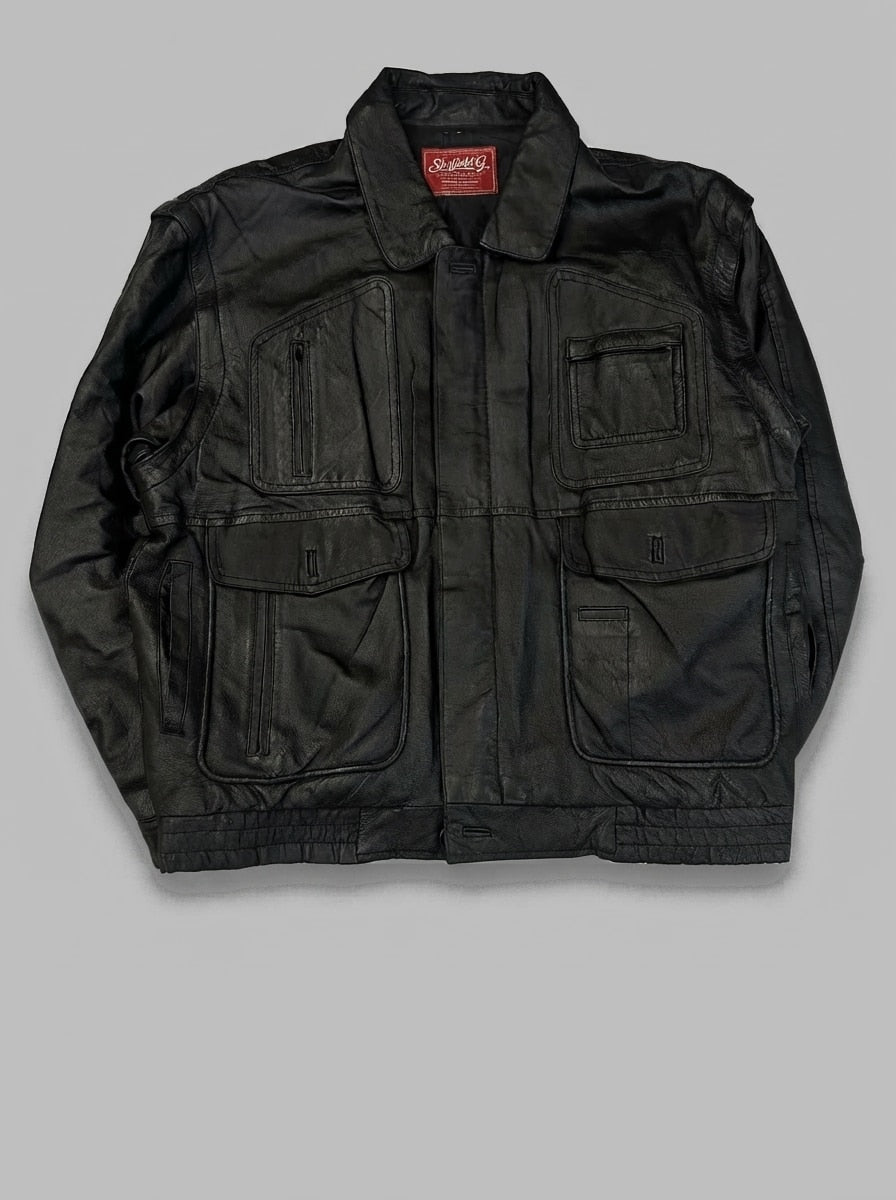 Black leather field jacket, size L, shown flat from the front. Four flap pockets.