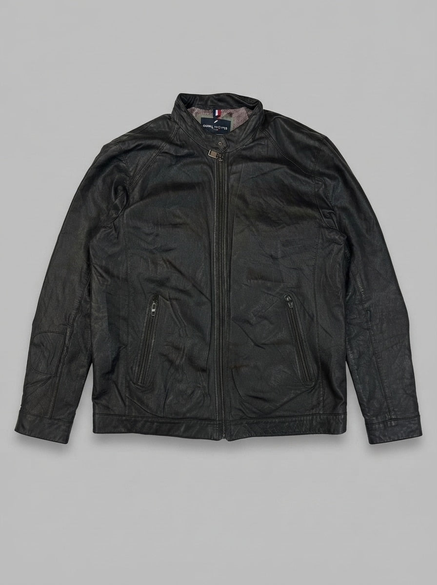 Black leather cafe racer jacket, size L, shown flat from the front. Band collar and zip pockets.