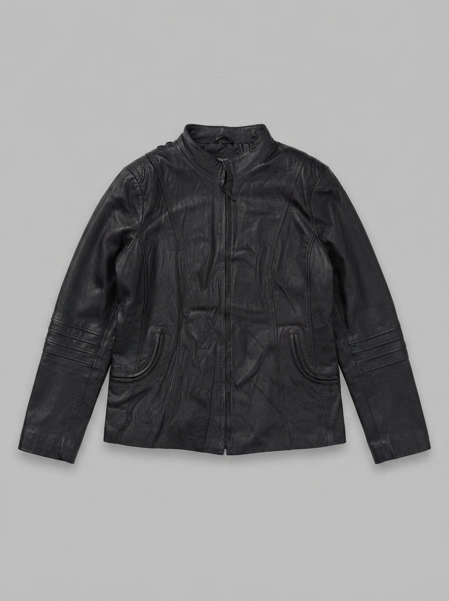 Black leather cafe racer jacket, size M, shown flat from the front. Stand collar and curved hip pockets.