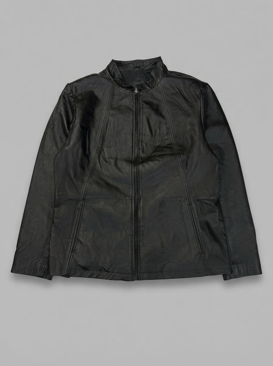 Black leather cafe racer jacket, size L, shown flat from the front. Stand Collar & Princess Seams.