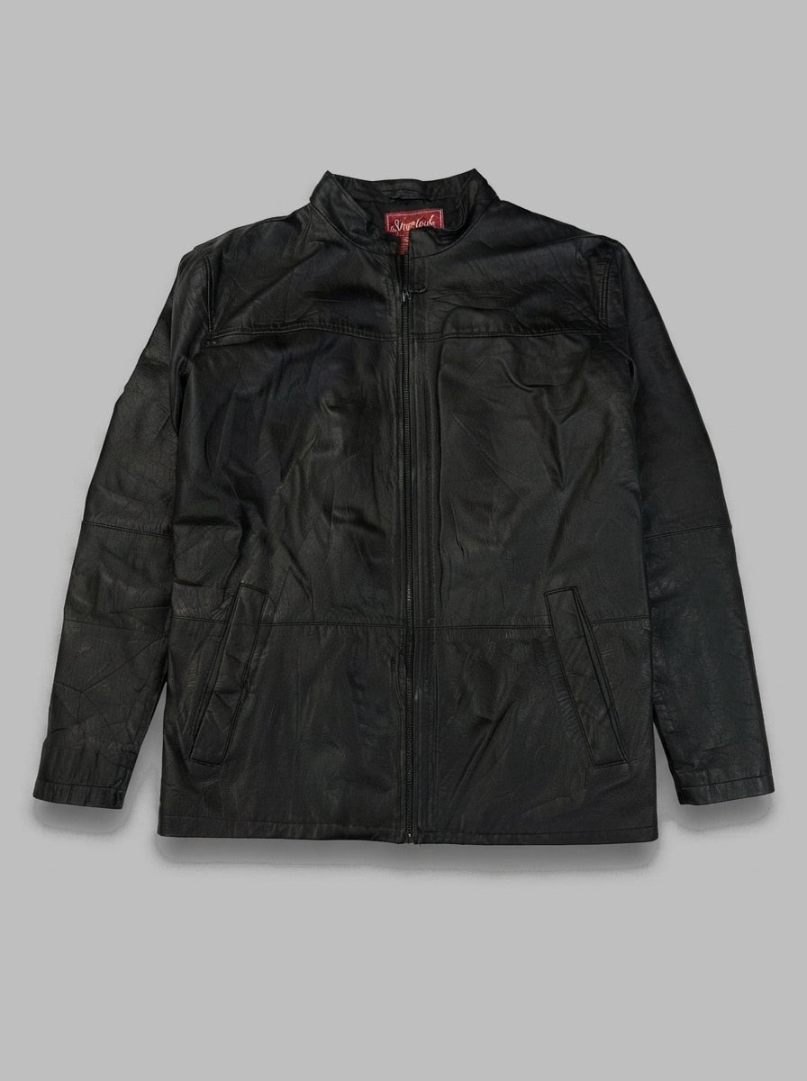 Black leather vintage jacket, size L, shown flat from the front. Stand Collar & Chest Yoke.