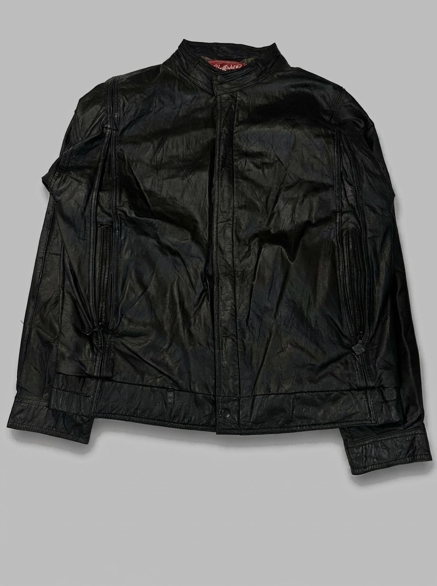 Black leather cafe racer jacket, size L, shown flat from the front. Stand Collar & Princess Seams.