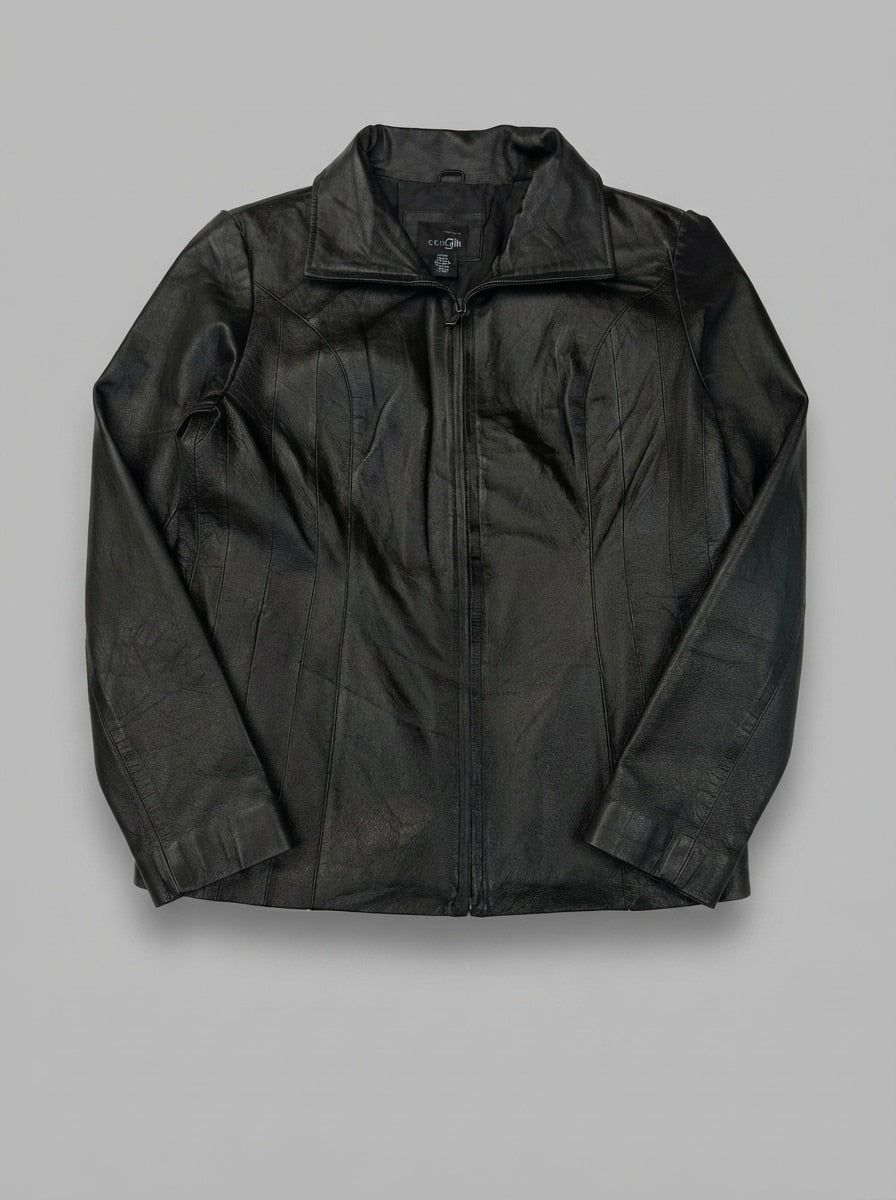 Black leather vintage jacket, size L, shown flat from the front. Shirt Collar & Princess Seams.