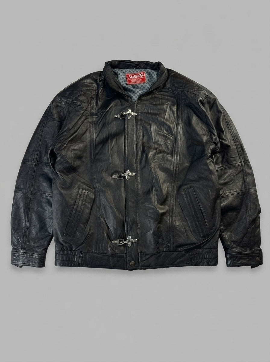 Black leather vintage jacket, size L, shown flat from the front. Three-Clasp Front.