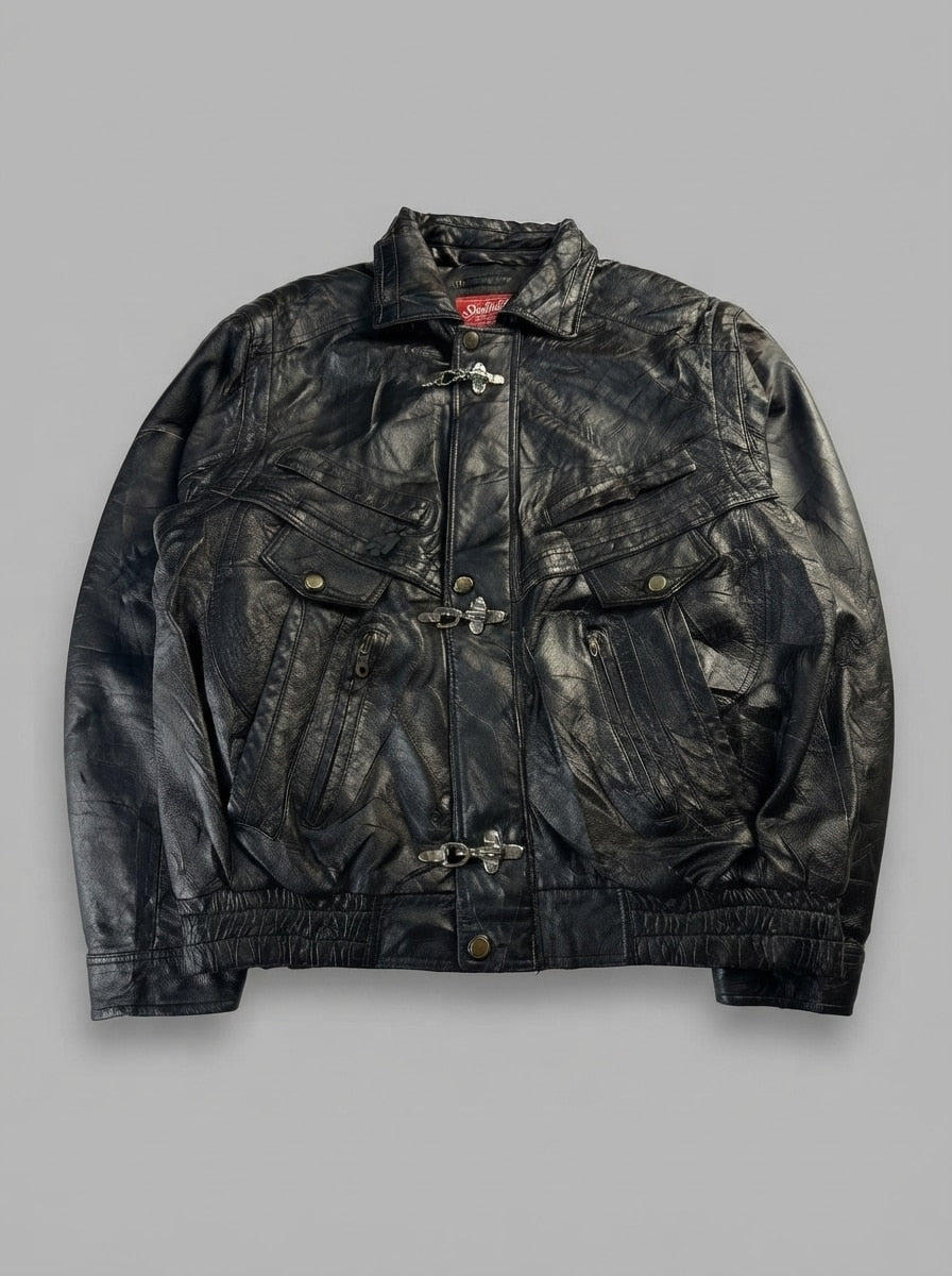 Black leather vintage jacket, size XL, shown flat from the front. Three-Clasp Flap Pockets.