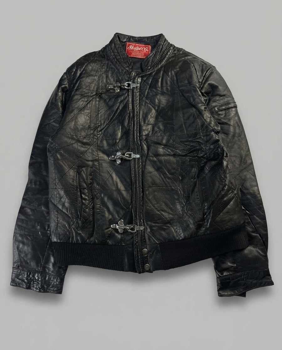 Black leather bomber jacket, size S, shown flat from the front. Quilted Panel & Three Clasps.