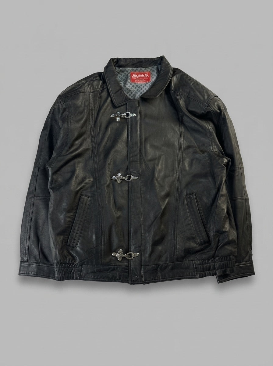 Black leather vintage jacket, size L, shown flat from the front. Three-Clasp Minimalist Front.