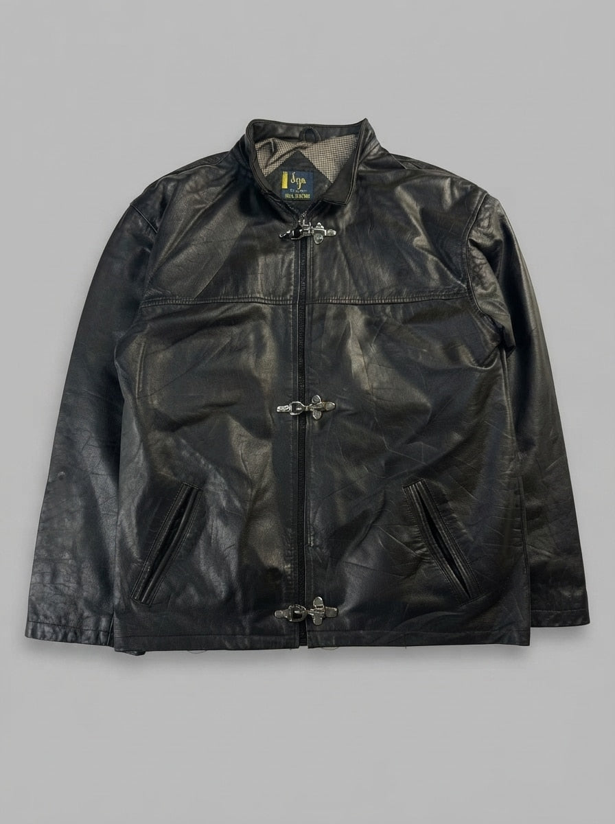 Black leather cafe racer jacket, size L, shown flat from the front. Stand Collar & Three Clasps.