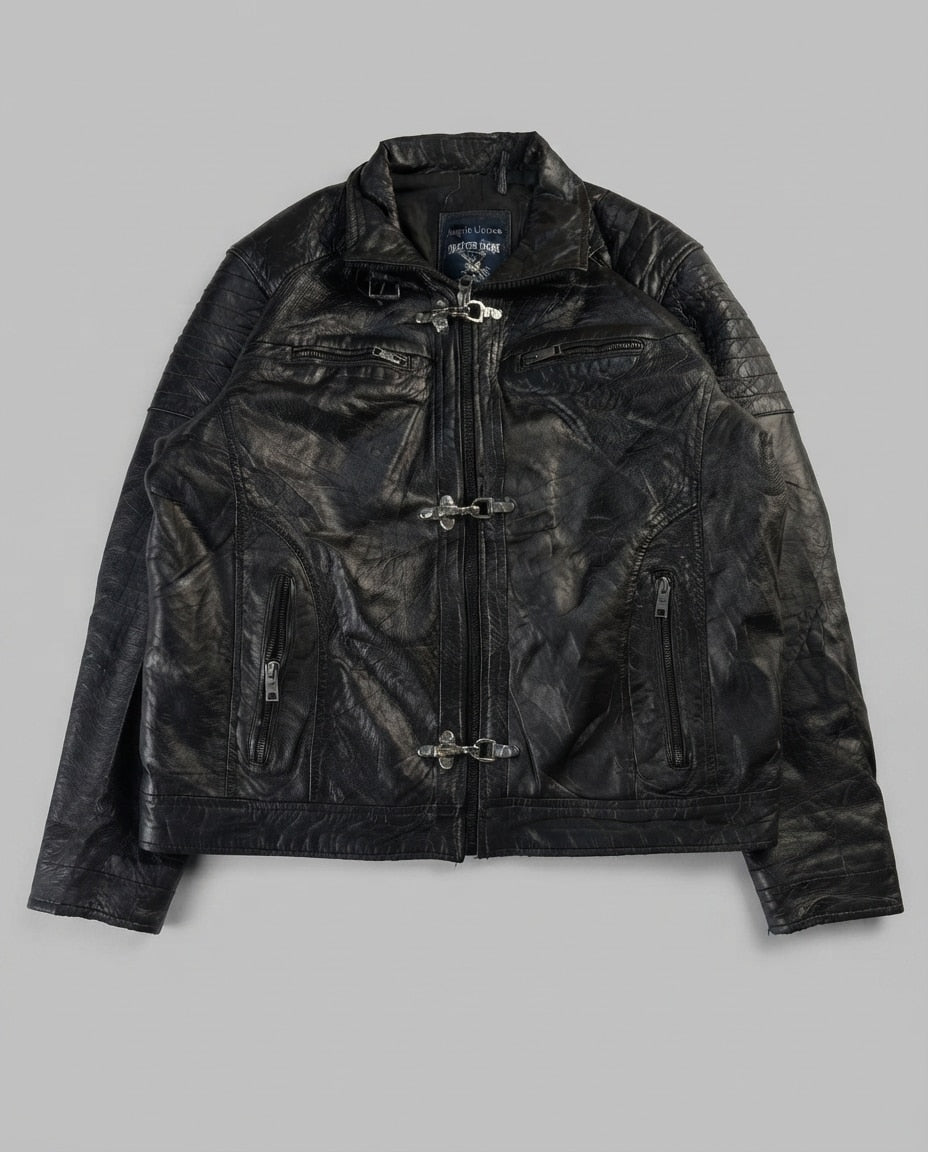 Black leather vintage jacket, size M, shown flat from the front. Three-Clasp Quilted Shoulders.