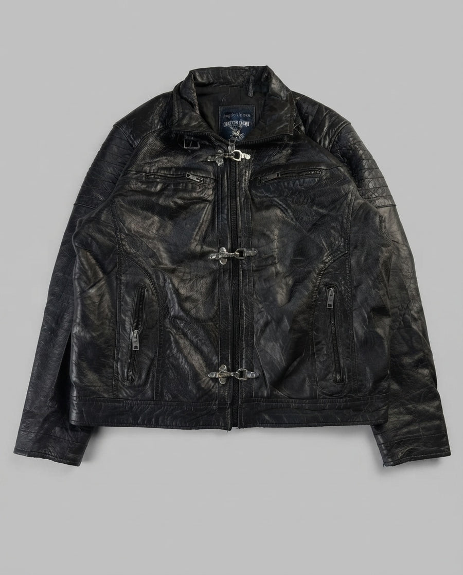 Black leather vintage jacket, size M, shown flat from the front. Three-Clasp Quilted Shoulders.