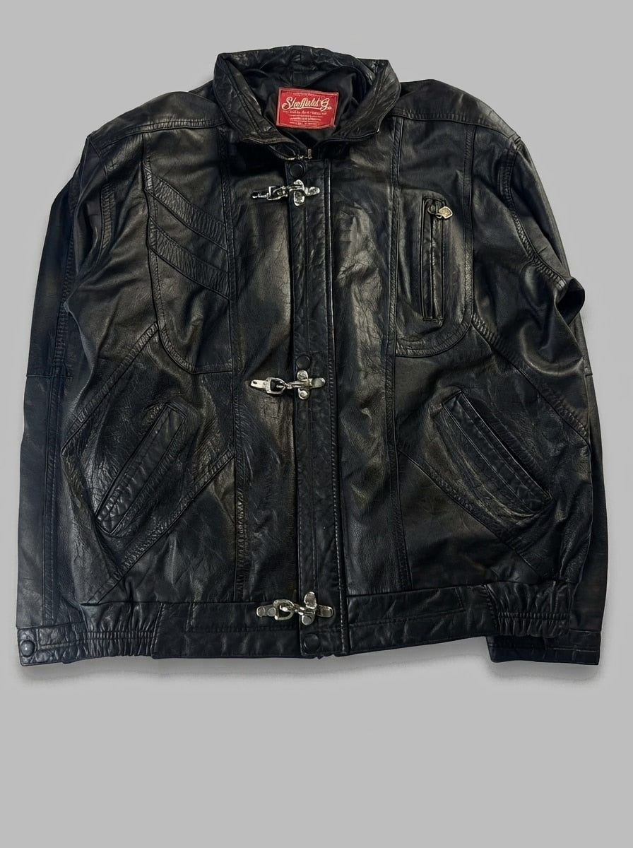 Black leather vintage jacket, size L, shown flat from the front. Chevron Quilted Three-Clasp.