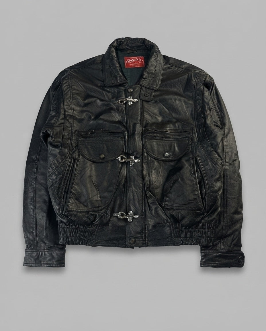 Black leather vintage jacket, size M, shown flat from the front. Three-Clasp Flap Chest Pockets.
