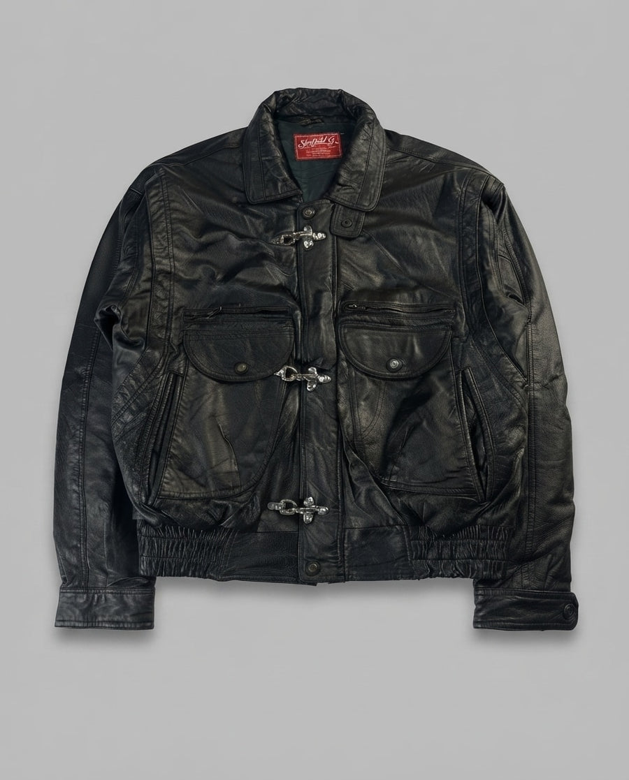 Black leather vintage jacket, size M, shown flat from the front. Three-Clasp Flap Chest Pockets.
