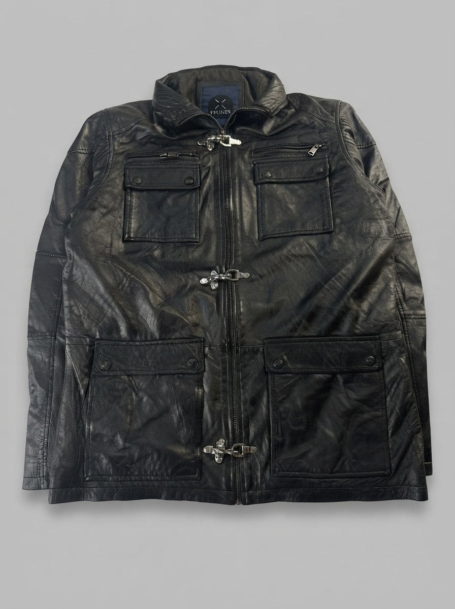Black leather field jacket, size L, shown flat from the front. Four-Pocket Three-Clasp Field.