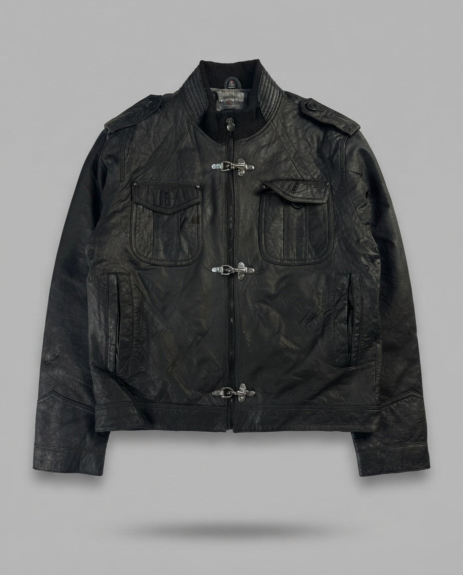 Black leather bomber jacket, size L, shown flat from the front. Ribbed Knit & Three Clasps.