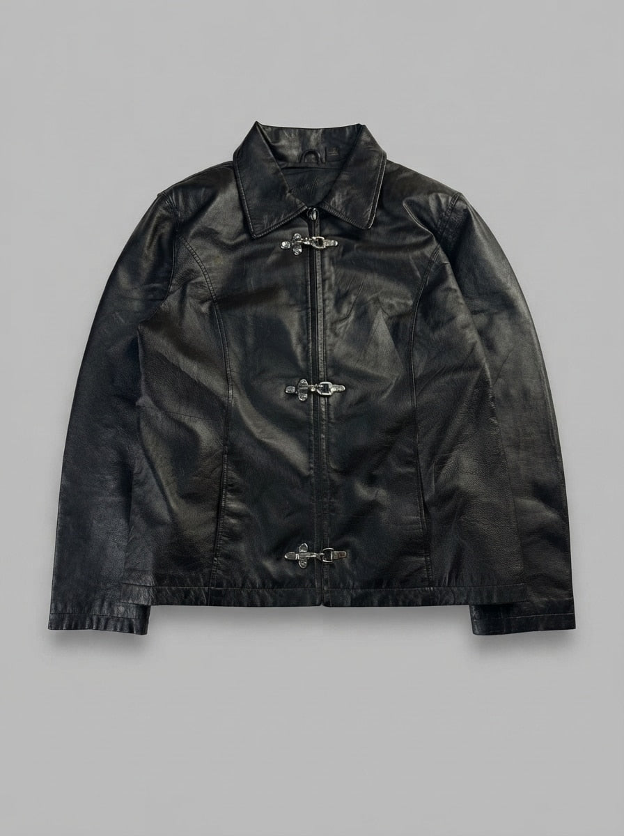 Black leather vintage jacket, size M, shown flat from the front. Three-Clasp Slim Front.
