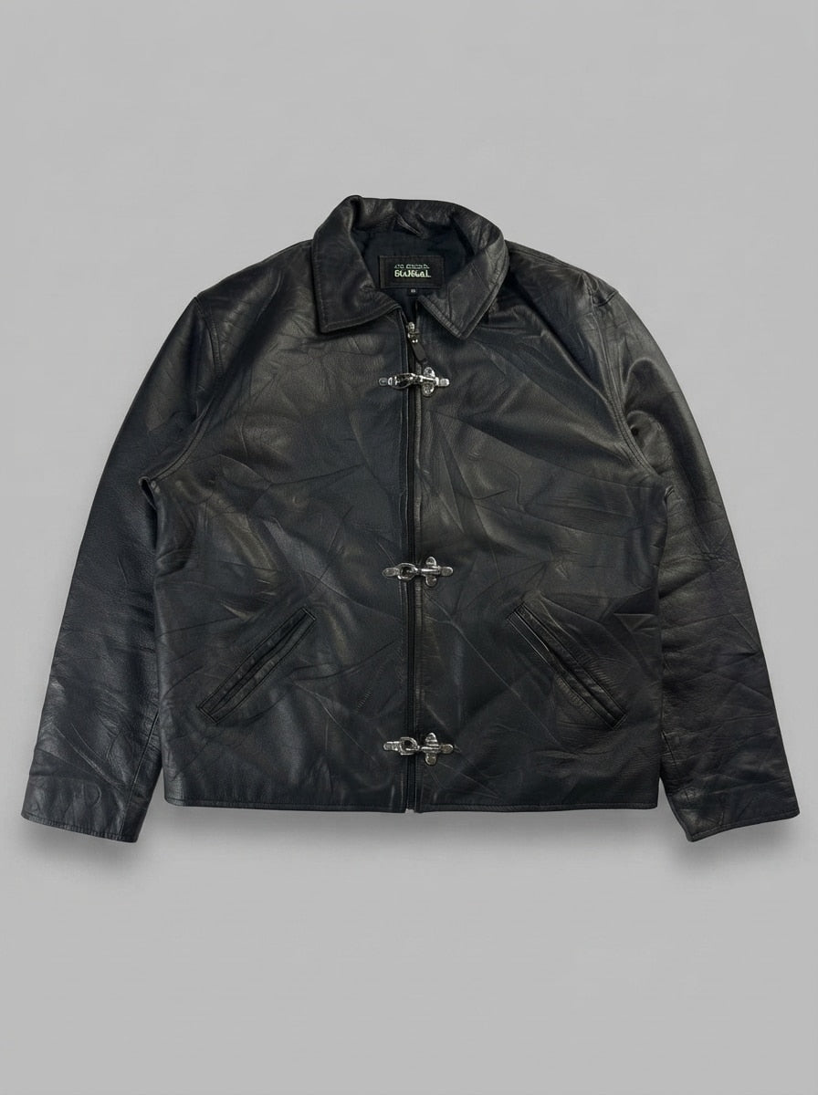 Black leather vintage jacket, size L, shown flat from the front. Three-Clasp Welt Pockets.
