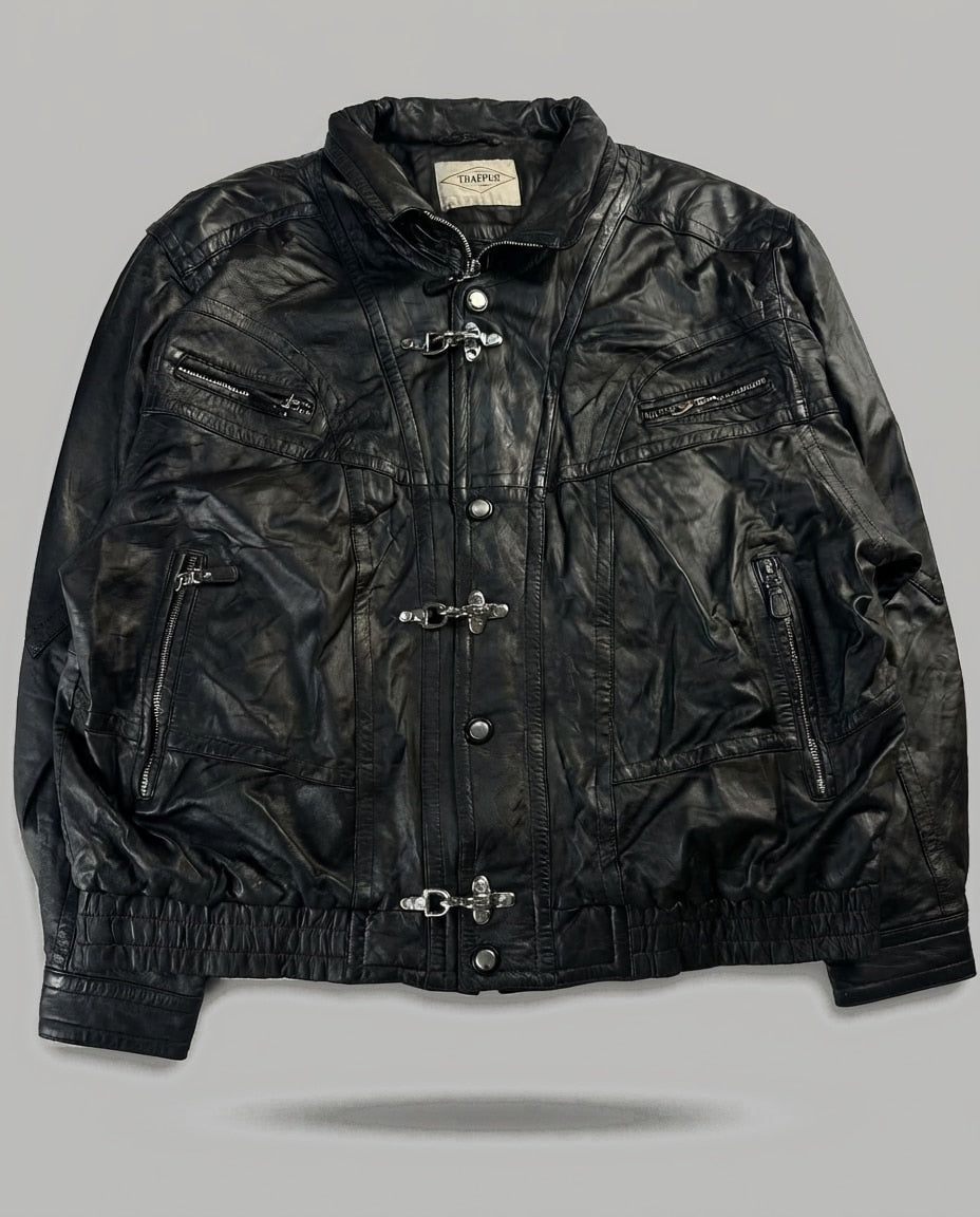 Black leather vintage jacket, size XL, shown flat from the front. Four-Clasp Chest Yoke.