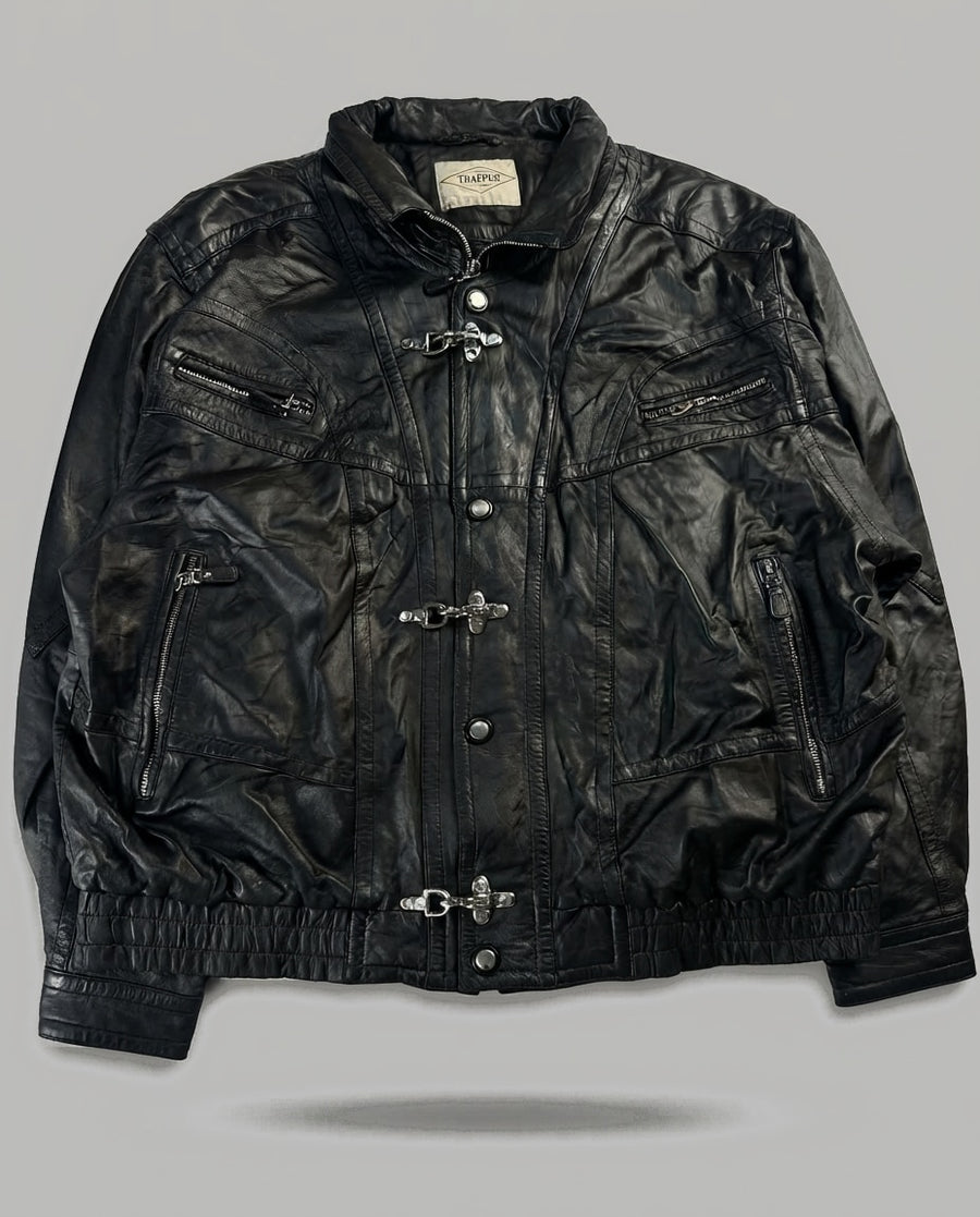 Black leather vintage jacket, size XL, shown flat from the front. Four-Clasp Chest Yoke.