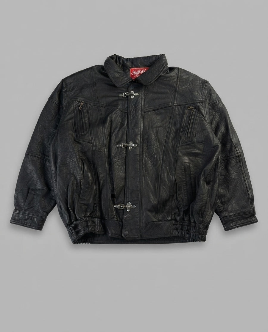 Black leather vintage jacket, size L, shown flat from the front. Three-Clasp Chest Zip Pockets.