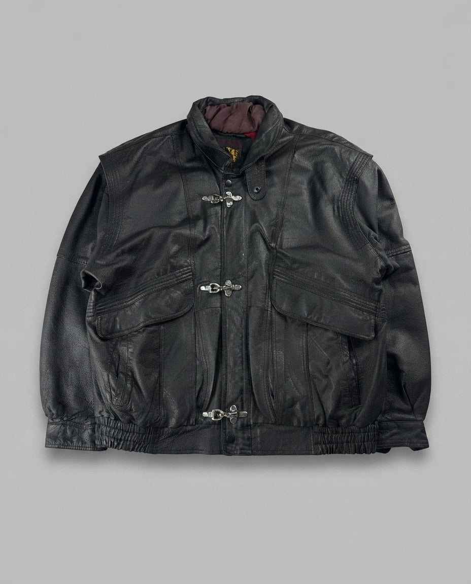 Black leather field jacket, size L, shown flat from the front. Two-Pocket Three-Clasp Field.