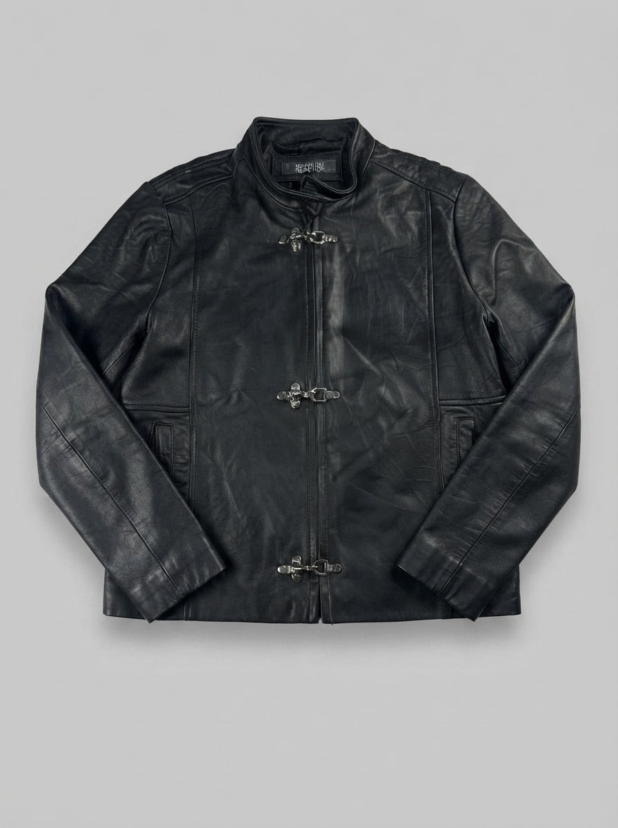 Black leather cafe racer jacket, size M, shown flat from the front. Stand Collar & Three Clasps.