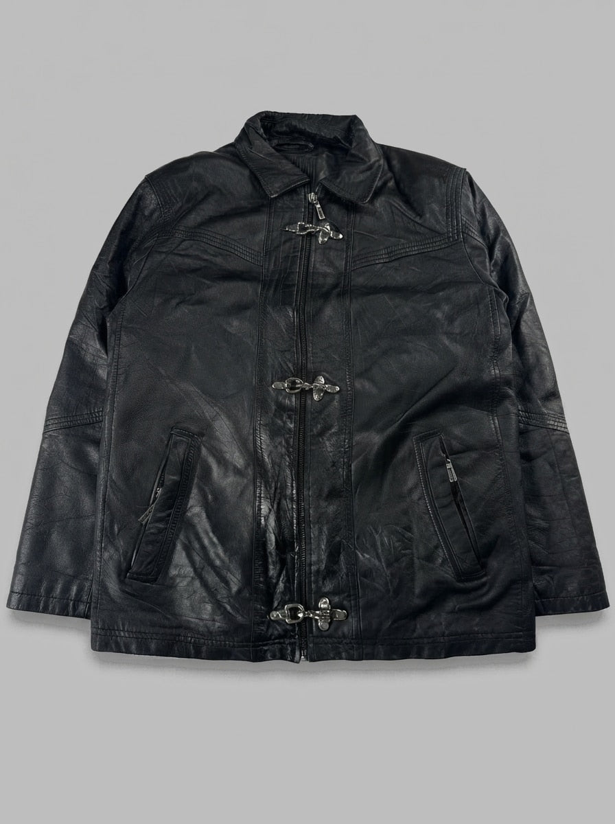 Black leather vintage jacket, size L, shown flat from the front. Chest Yoke & Three Clasps.