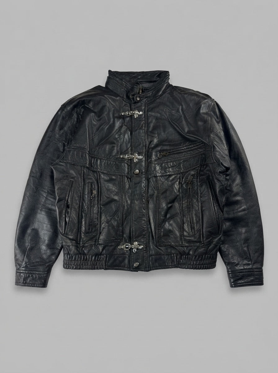 Black leather vintage jacket, size L, shown flat from the front. Three-Clasp Multi-Pocket.