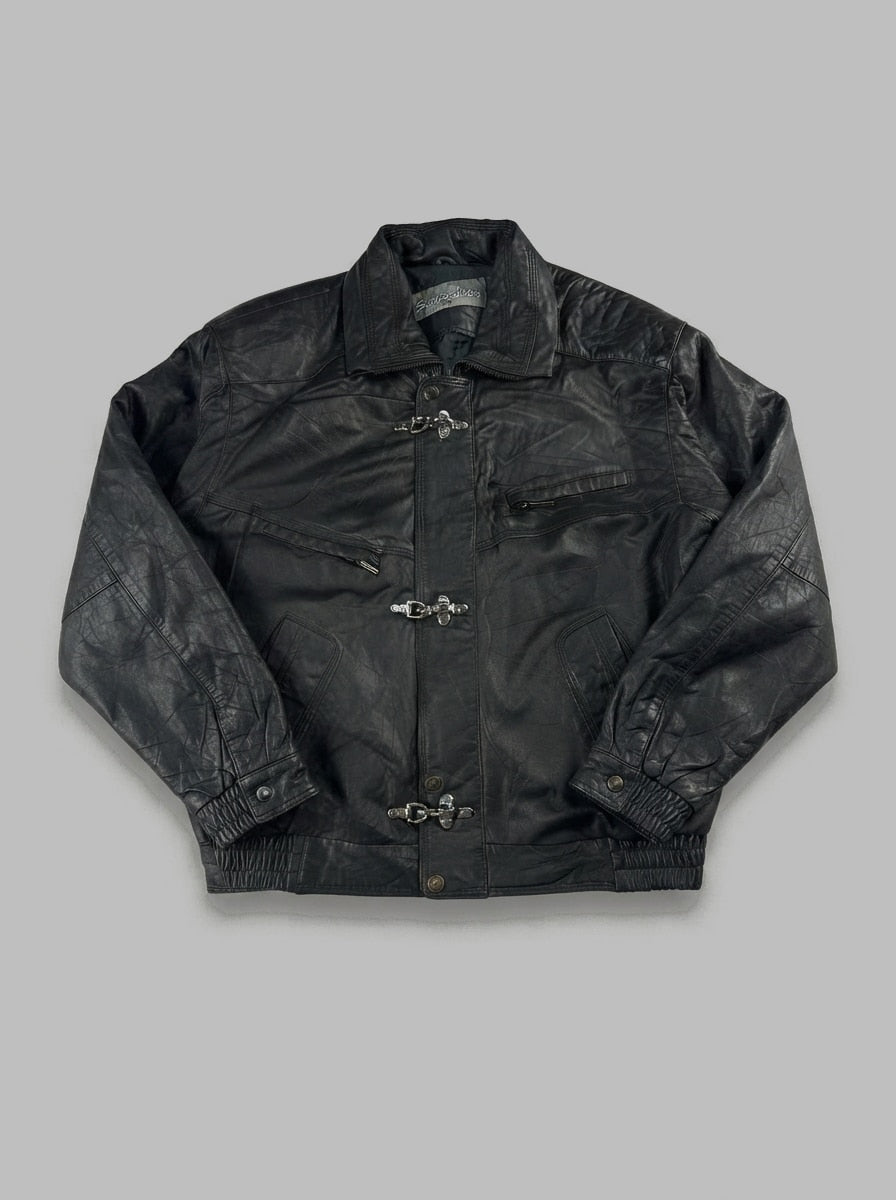 Black leather vintage jacket, size L, shown flat from the front. Three-Clasp Chest Zip.