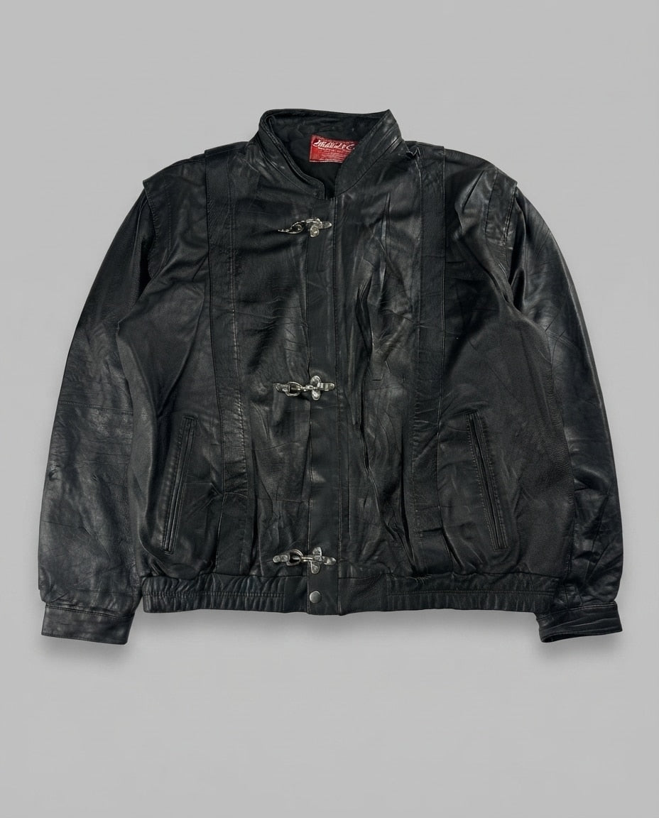 Black leather cafe racer jacket, size L, shown flat from the front. Princess Seams & Three Clasps.
