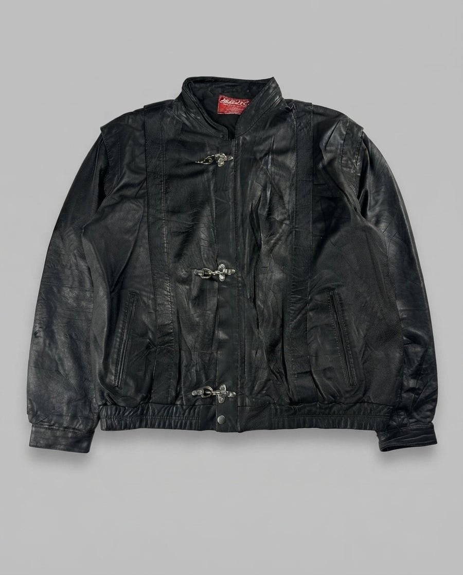 Black leather cafe racer jacket, size L, shown flat from the front. Princess Seams & Three Clasps.