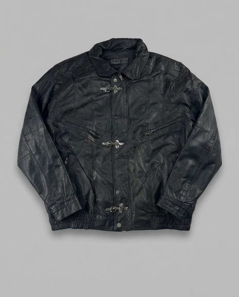 Black leather vintage jacket, size L, shown flat from the front. Chest Yoke & Three-Clasp Pocket.