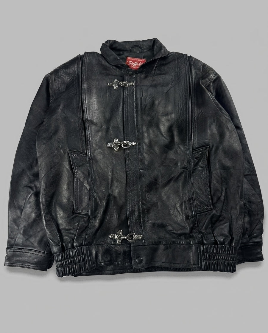 Black leather vintage jacket, size L, shown flat from the front. Stand Collar & Three Clasps.