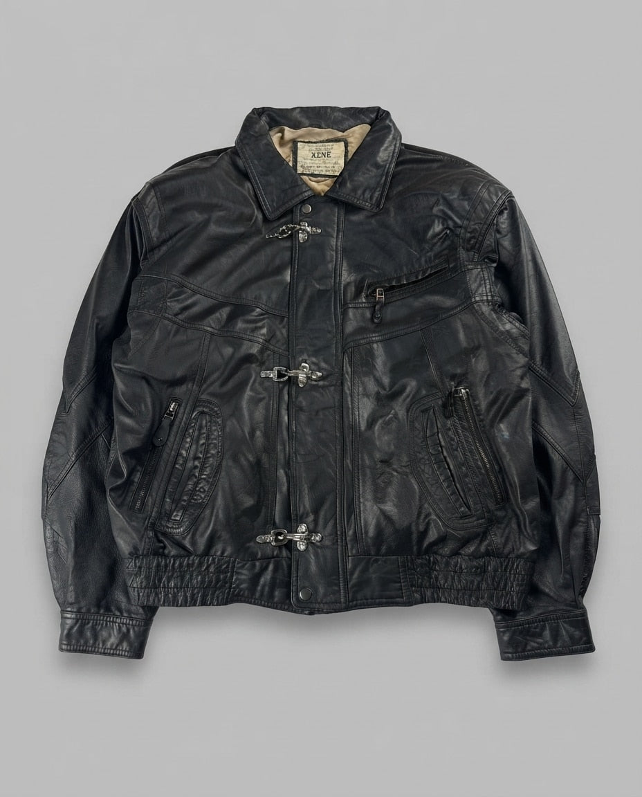 Black leather vintage jacket, size L, shown flat from the front. Three-Clasp Chest Zip Pocket.