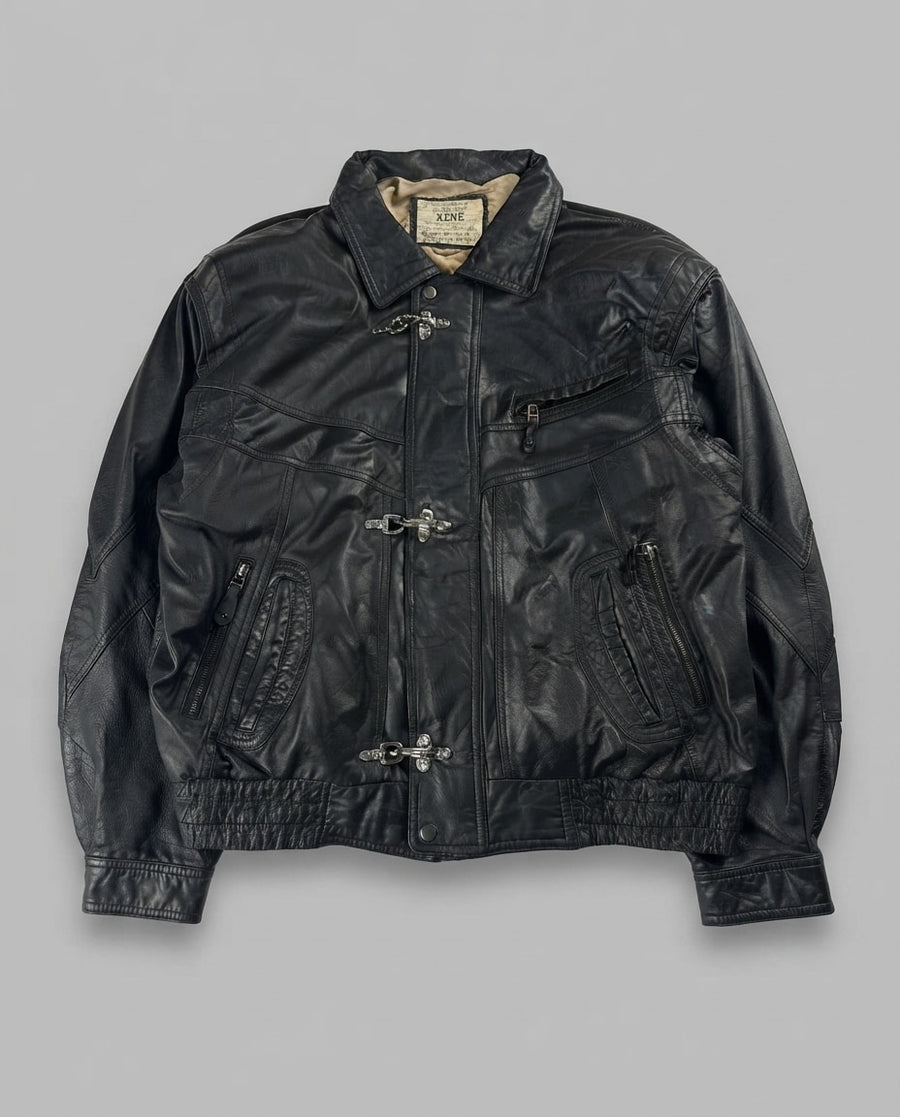 Black leather vintage jacket, size L, shown flat from the front. Three-Clasp Chest Zip Pocket.