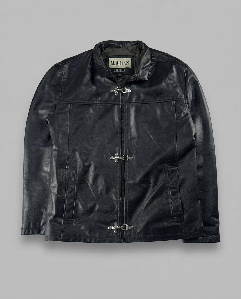 Black leather cafe racer jacket, size M, shown flat from the front. Stand Collar & Three Clasps.