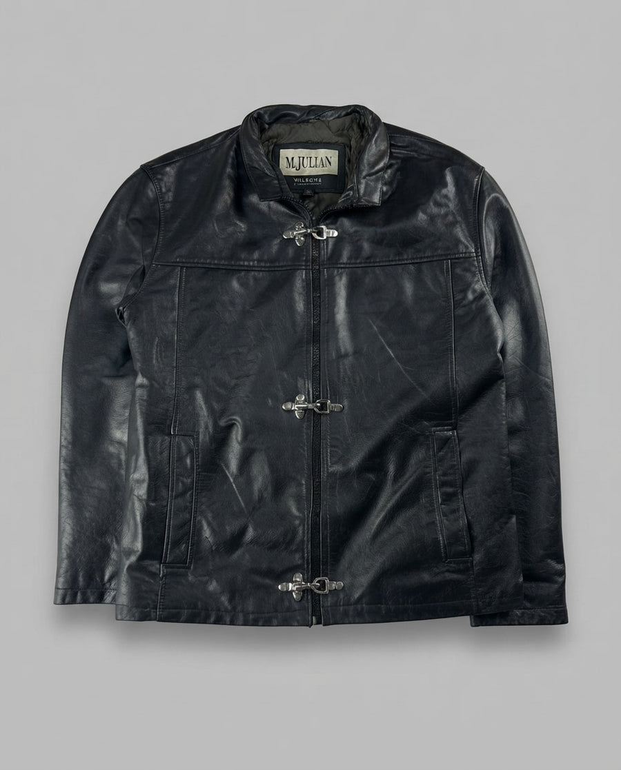 Black leather cafe racer jacket, size M, shown flat from the front. Stand Collar & Three Clasps.