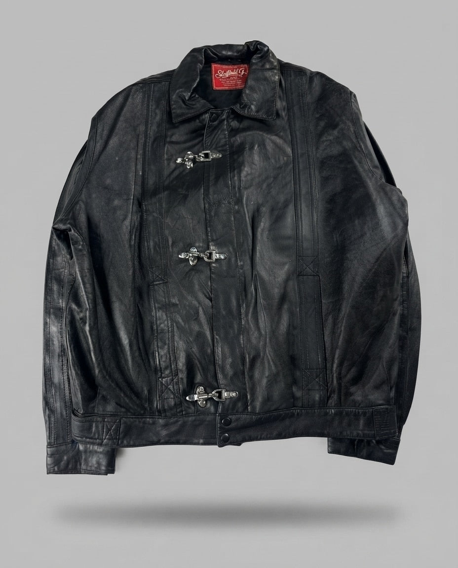 Black leather vintage jacket, size L, shown flat from the front. Chest Yoke & Three Clasps.