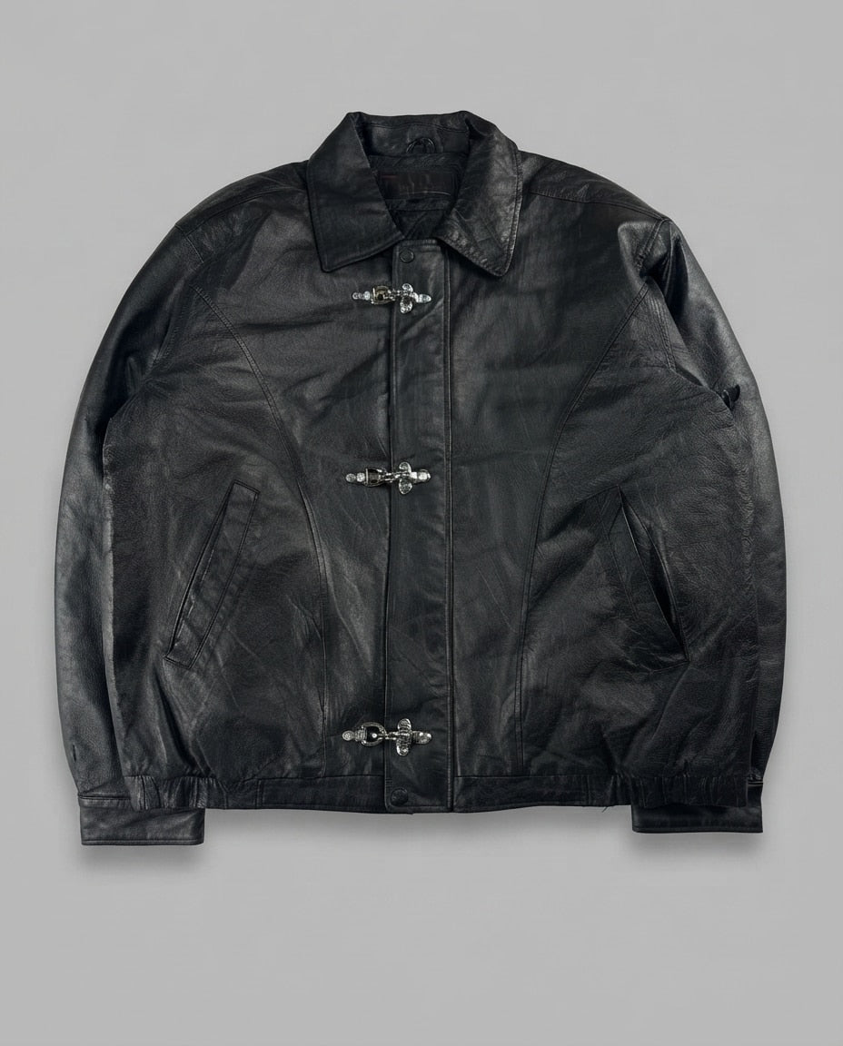 Black leather vintage jacket, size L, shown flat from the front. Three-Clasp Blousy Front.