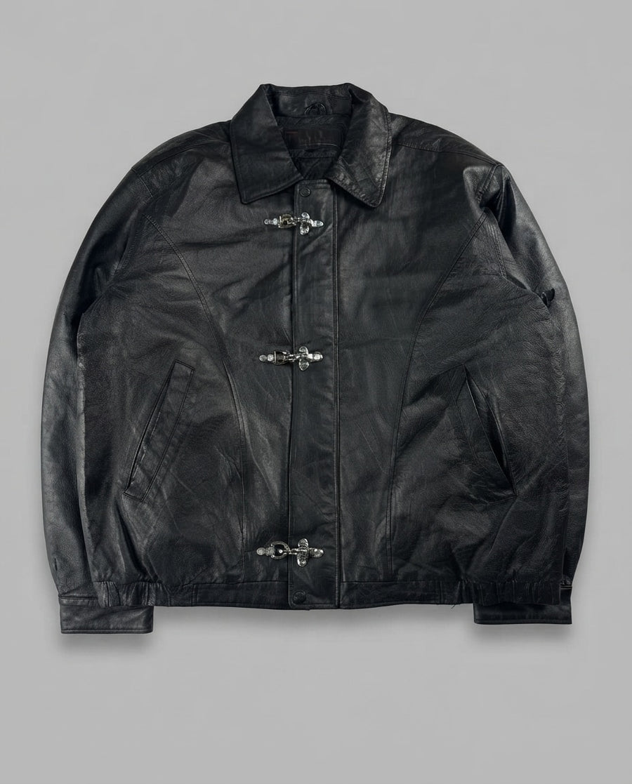 Black leather vintage jacket, size L, shown flat from the front. Three-Clasp Blousy Front.