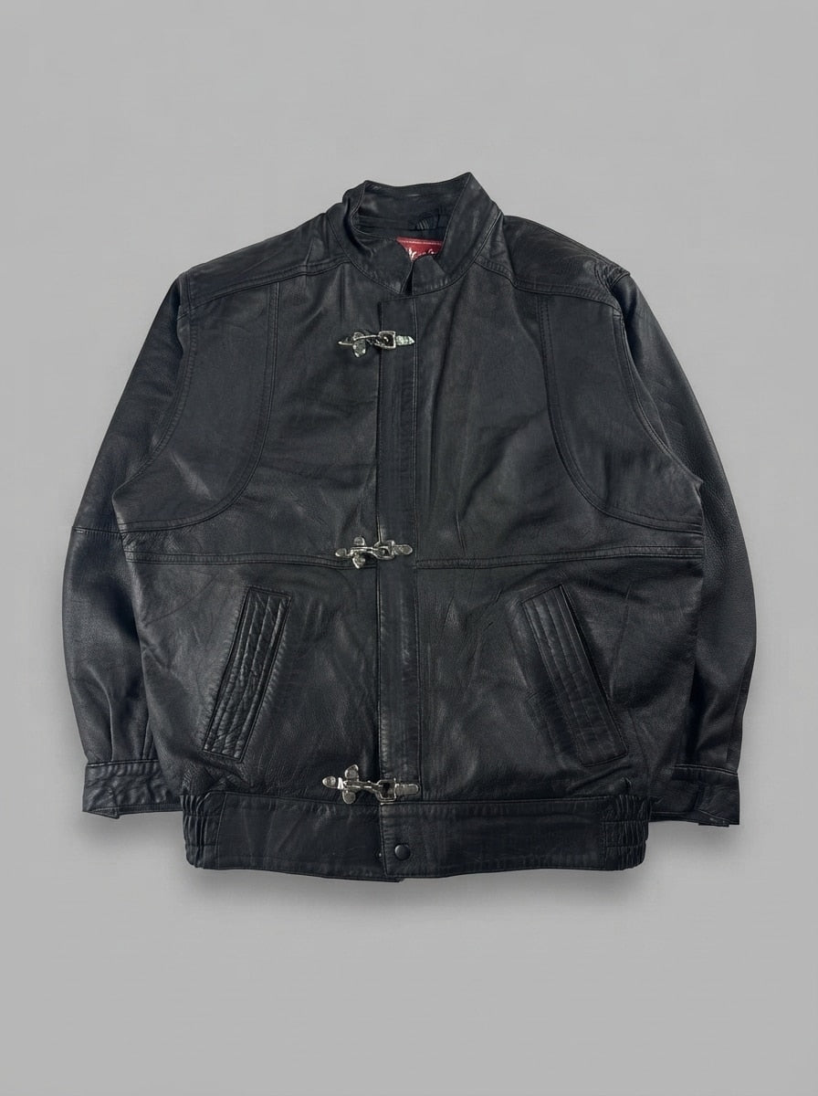 Black leather vintage jacket, size M, shown flat from the front. Three-Clasp Welt Pockets.