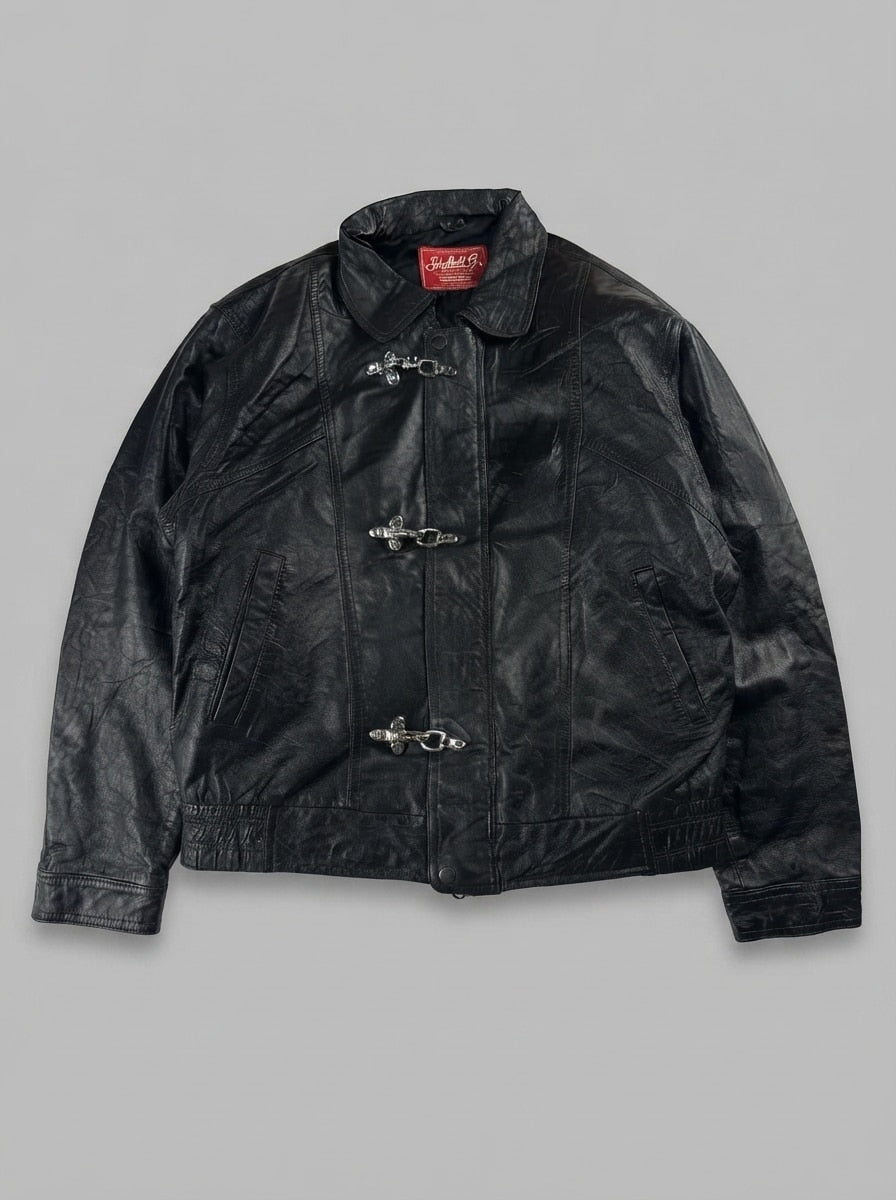 Black leather vintage jacket, size M, shown flat from the front. Three-Clasp Slash Pockets.